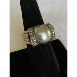 925 Sterling Silver Pearl & Marcasite Ring Size 6.75 Vintage Estate Jewelry